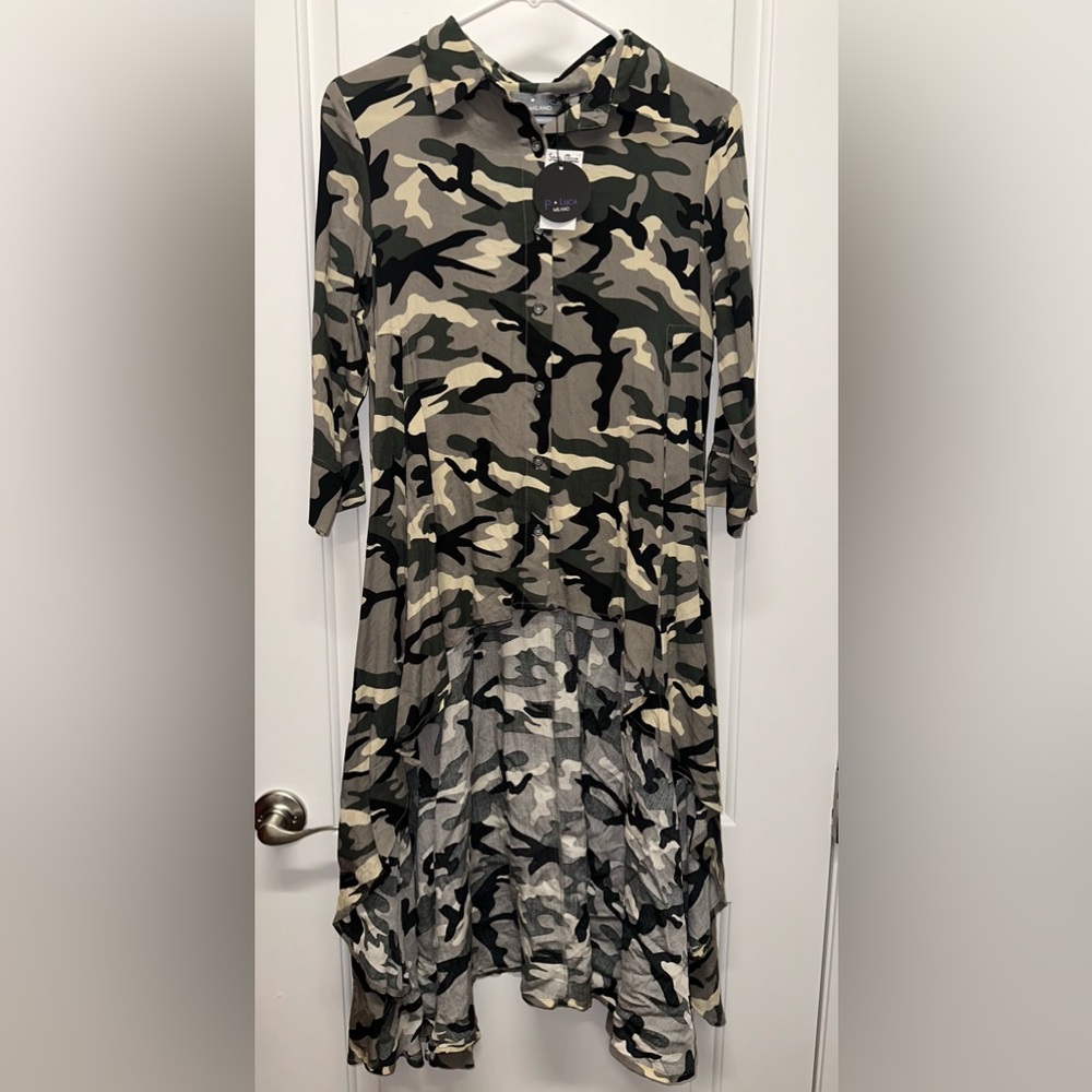 P. Luca Milano Women's Green Camo 3/4 Sleeve Tunic Top Size Small